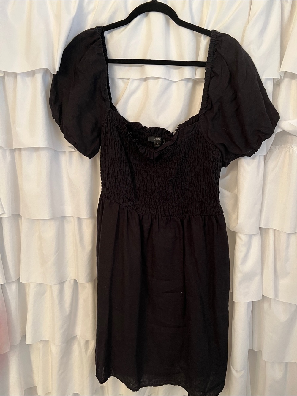 J. Crew Black Puff-Sleeve Smocked Mini Dress Off the Shoulder XL